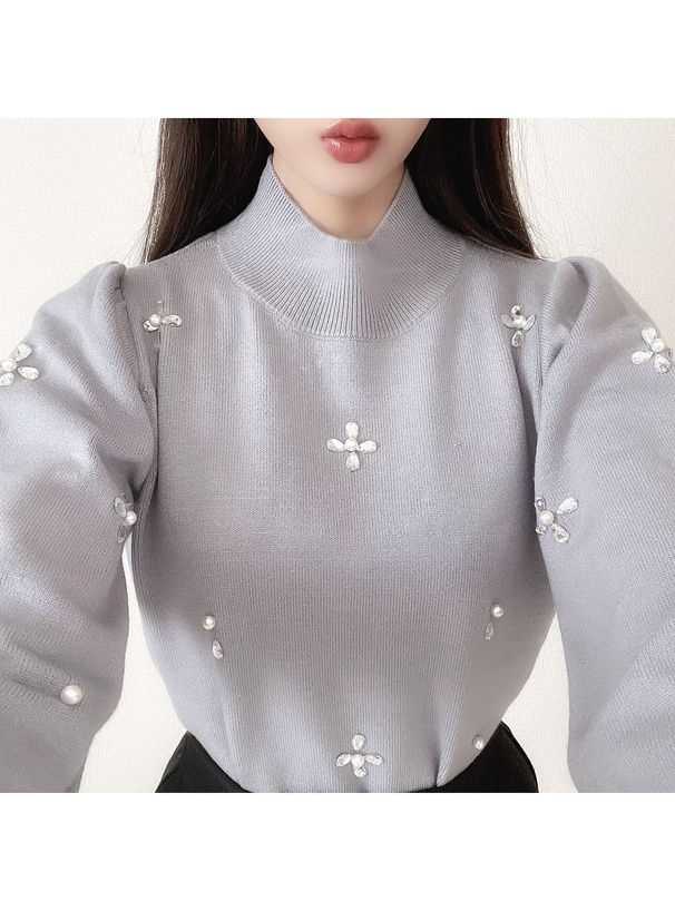 日本 GRL - 氣質花朵閃耀針織上衣-水藍 (F)
