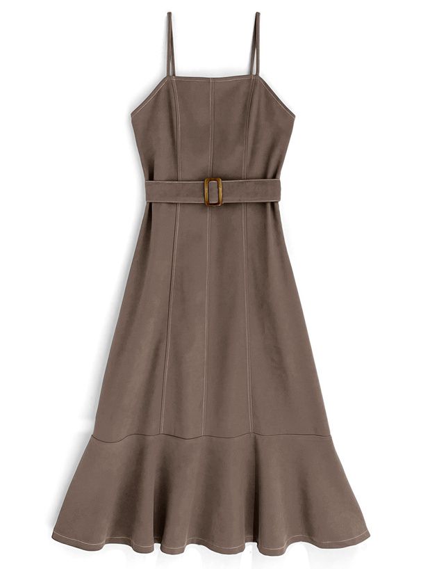 日本 GRL - 質感麂皮修身吊帶魚尾裙(附腰帶)-咖啡