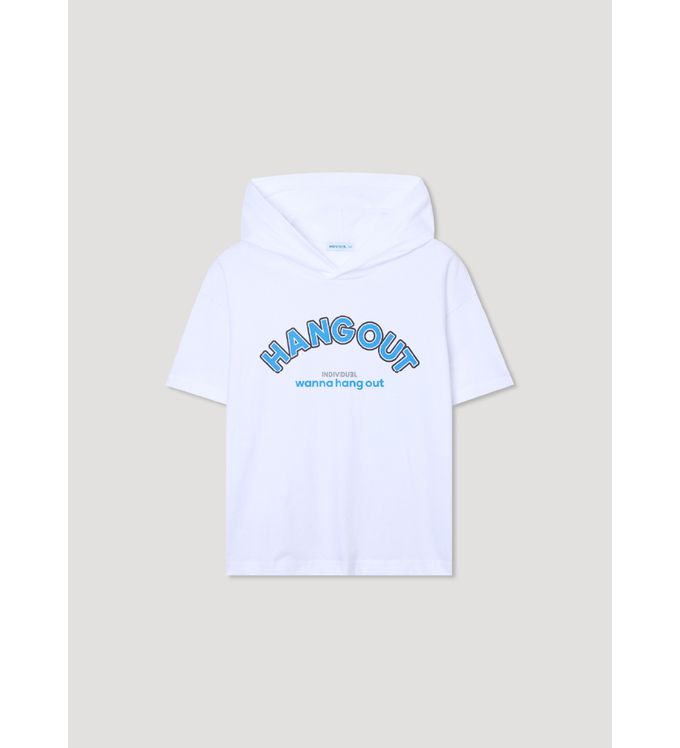 韓國 INDIVIDUEL - 活力字母印連帽短袖上衣-白