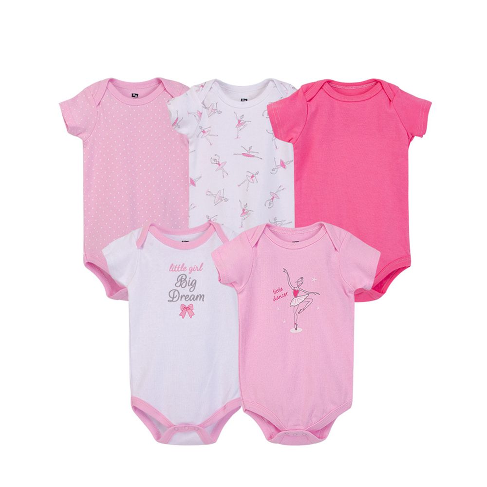 美國 Luvable Friends - 100%純棉嬰幼兒短袖包屁衣5件組-粉色芭蕾