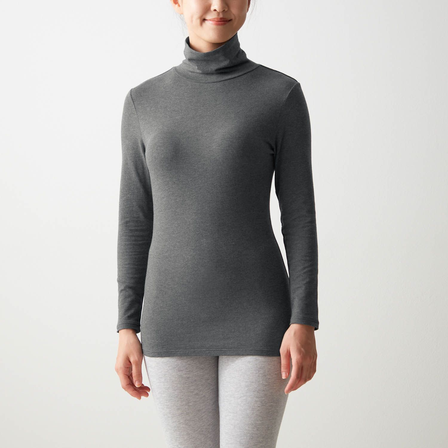日本千趣會 - 95%棉 高領舒膚長袖發熱衣-媽媽-深灰