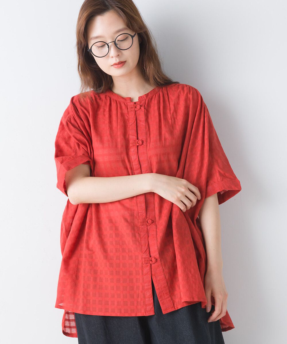日本女裝代購 - 100%印度棉 透氣淺格紋短袖襯衫-活力紅