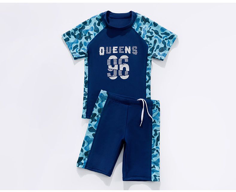 男寶短袖泳裝套裝-綠迷彩+英文字母-綠+橘