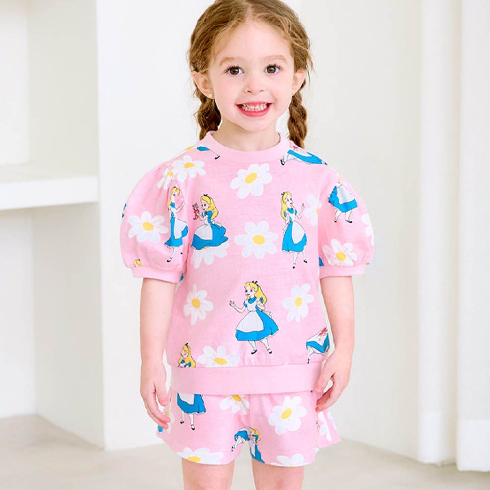 (聯名款)花朵公主純棉短袖套裝-卡通人物愛麗絲-粉