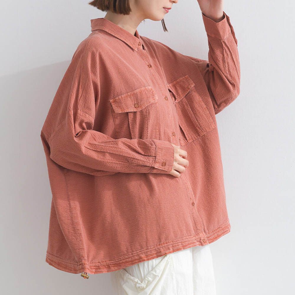 復古紋理率性抽繩純棉落肩襯衫-橘棕
