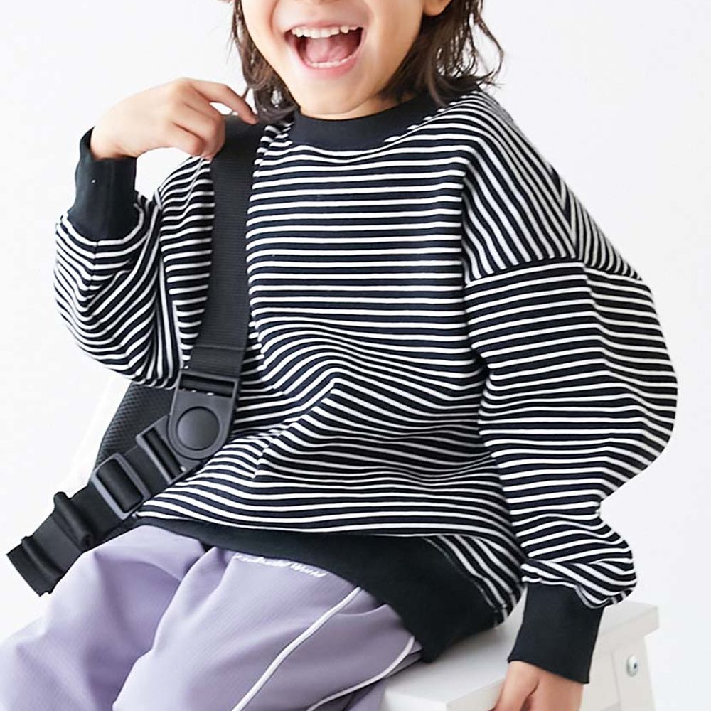 裏起毛 百搭條紋大學長袖上衣-黑