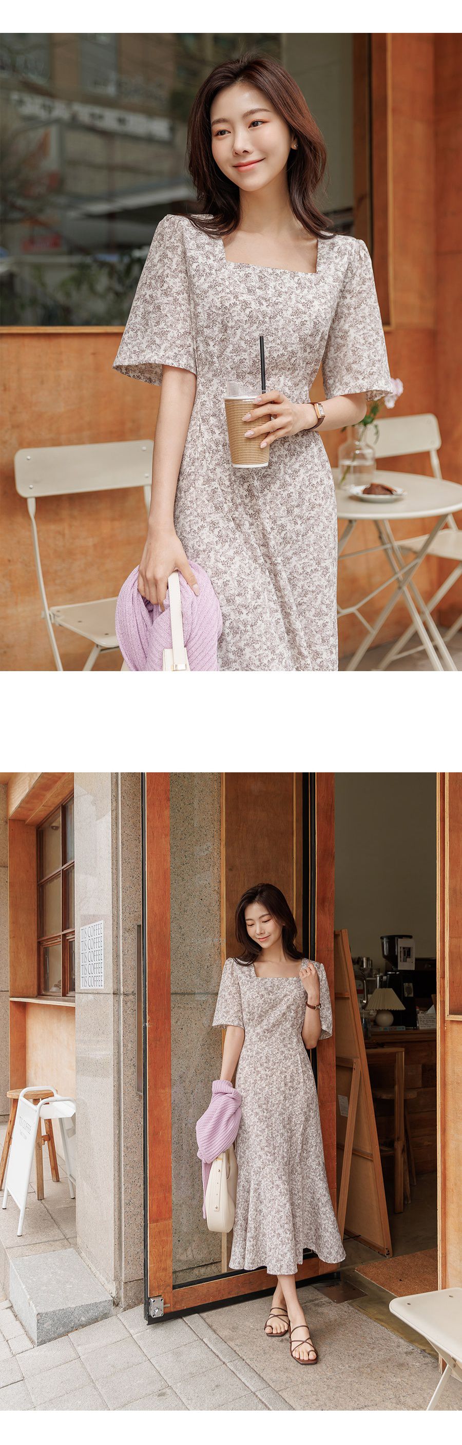 韓國 Urbantheroom - ㄩ字領收腰綁帶拼接洋裝-白底碎花 (Free)