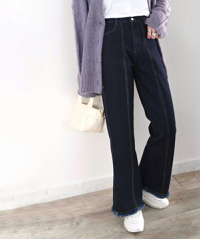 日本 Classical Elf - 顯瘦美腿彈性微喇叭長褲-丹寧藍