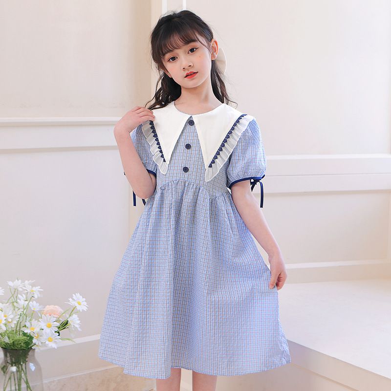 荷葉邊娃娃領泡泡袖洋裝-格紋款-淺紫色