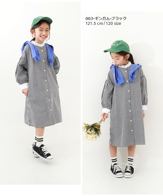 日本 devirock - 2WAY氣球袖襯衫式開襟洋裝-格子-黑