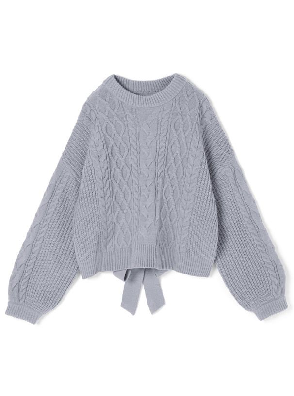 日本 GRL - 浪漫後蝴蝶結綁帶寬版針織毛衣-灰藍