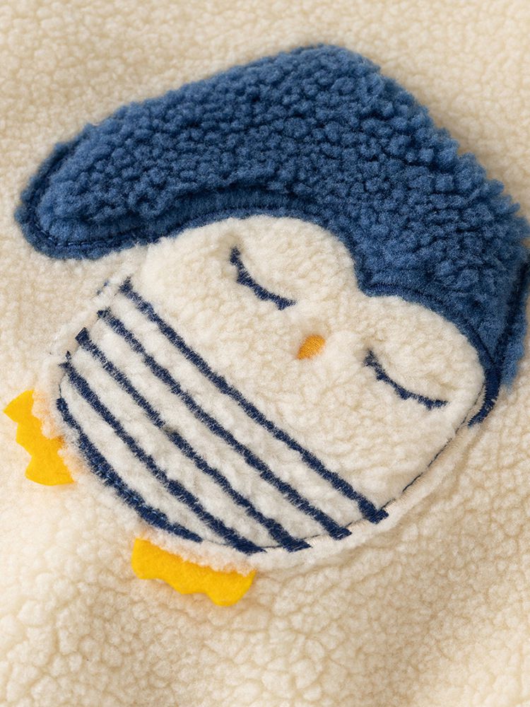 搖粒絨保暖兒童背心-企鵝口袋-杏+藍