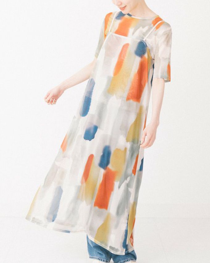 日本 gleam - 水彩暈染風夢境薄紗細肩帶洋裝-米棕系