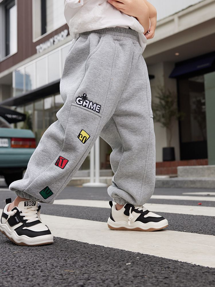 加絨腰鬆緊休閒保暖束口長褲-GAME-深灰色