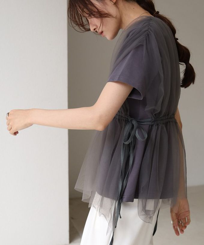 日本 Bab - 仙氣皺摺薄紗 腰綁帶短袖上衣-淺灰