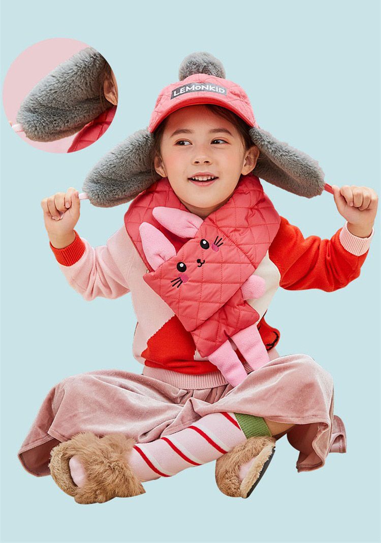 韓國lemonkid - 滑雪帽子圍巾二件套(圍巾+帽子)-粉色兔子