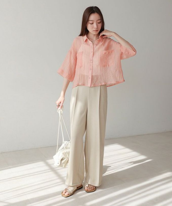 日本 Bab - 透膚感清爽短版五分袖襯衫-卡其棕 (M)