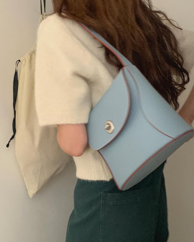 韓國lemego - 牛皮復古金釦肩背包(Mone)-藍色