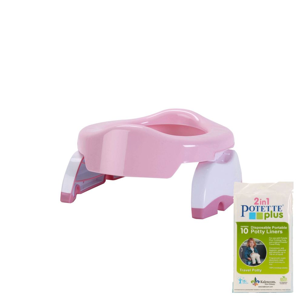 美國 Potette Plus - 可攜式馬桶-浪漫粉+拋棄式防漏袋10入裝)