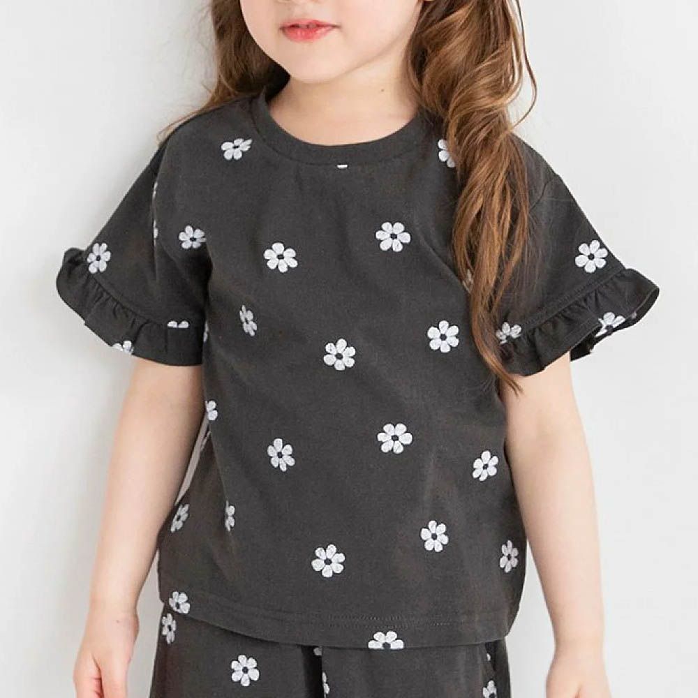 純棉荷葉袖女孩印花短袖上衣-滿版小花-灰黑