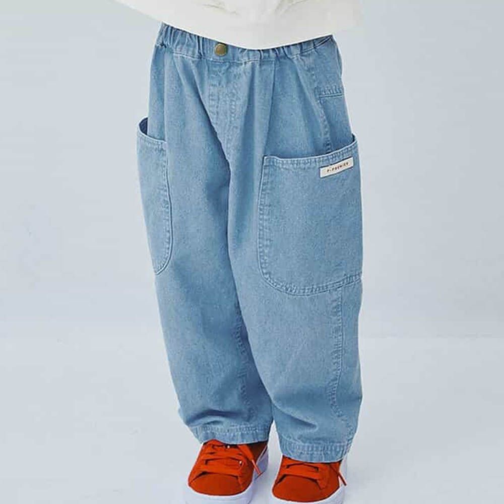 繽紛感印花斜紋布寬褲-素面-丹寧藍