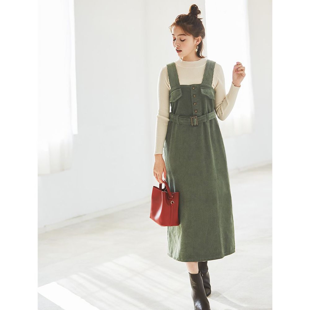 日本 GRL - 半高領羅紋針織上衣X燈芯絨背心裙套裝-米X墨綠
