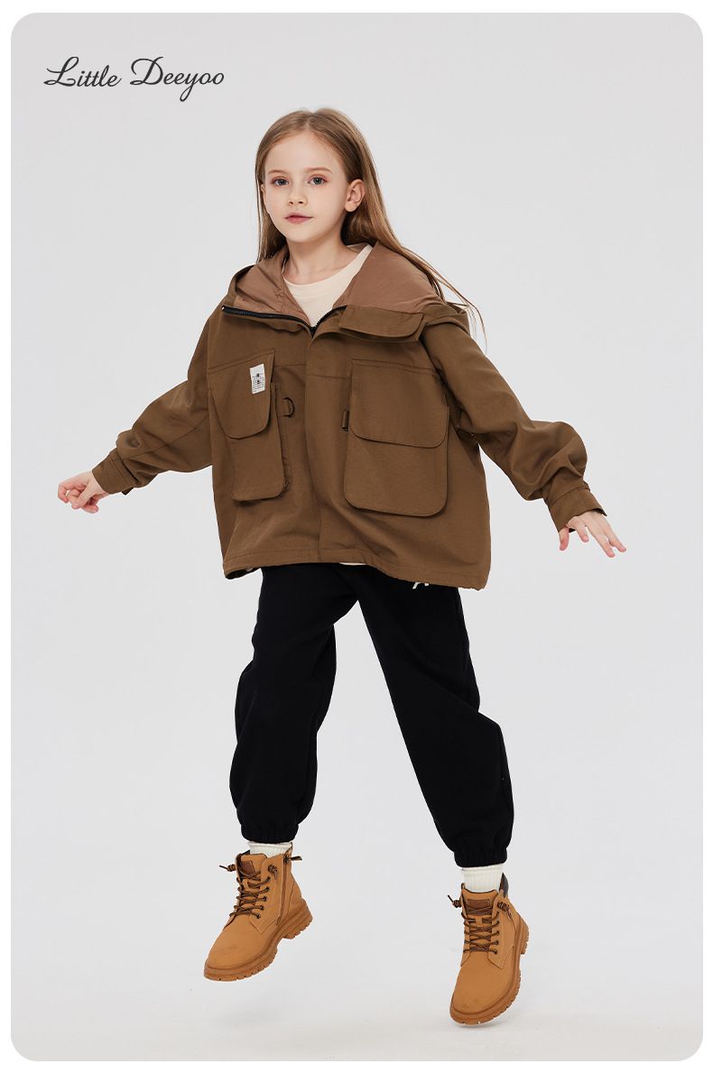 Little Deeyoo - 日系工裝防風連帽風衣外套/衝鋒外套-米白色