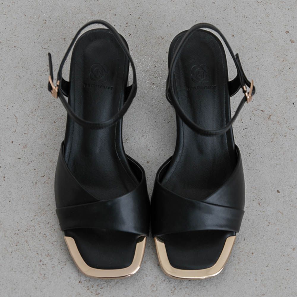 金屬鑲邊美型好走粗跟涼鞋(6.5cm)-黑