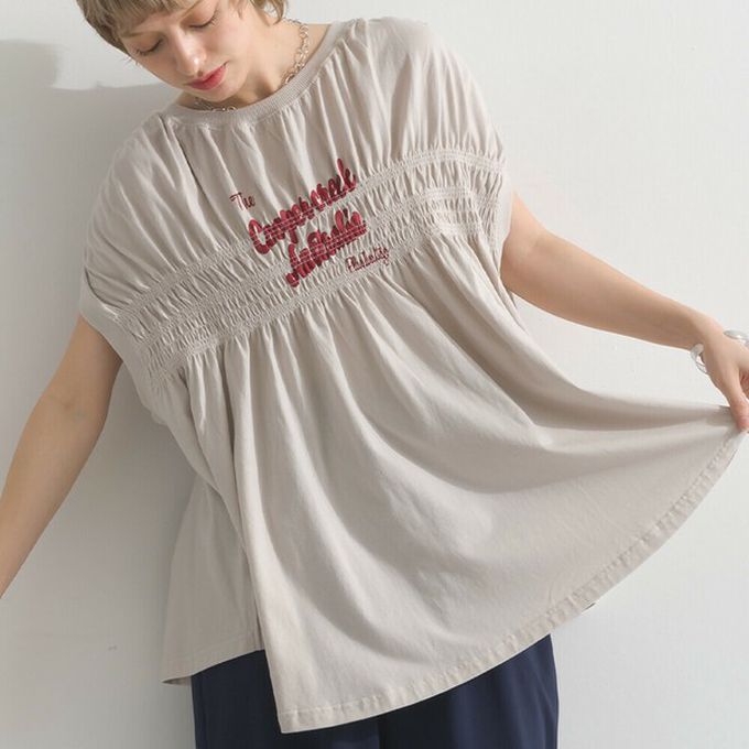 日本 le colis - 清爽天竺棉落肩皺摺短袖上衣-白