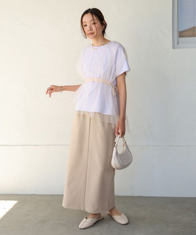 日本 Bab - 仙氣皺摺薄紗 腰綁帶短袖上衣-卡其