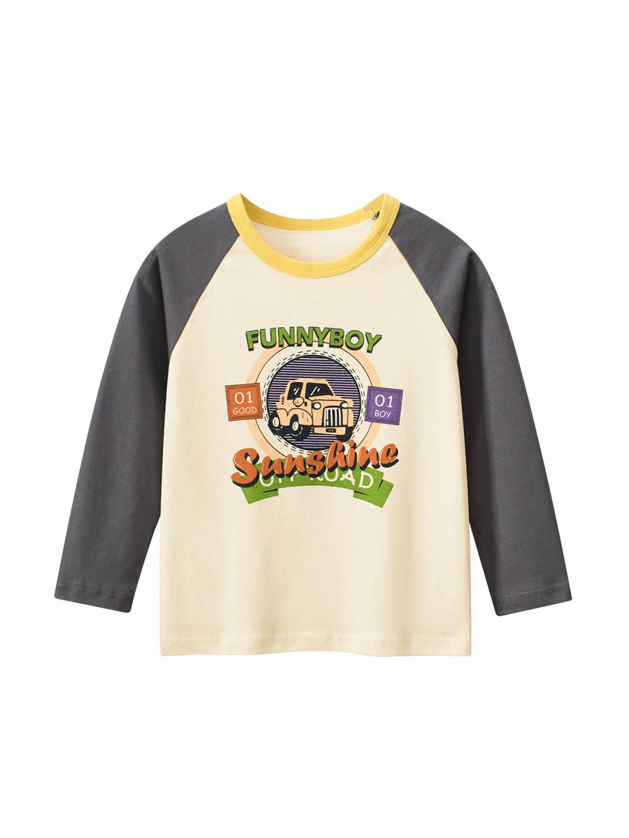 純棉圓領薄長袖上衣-復古車車-杏+灰