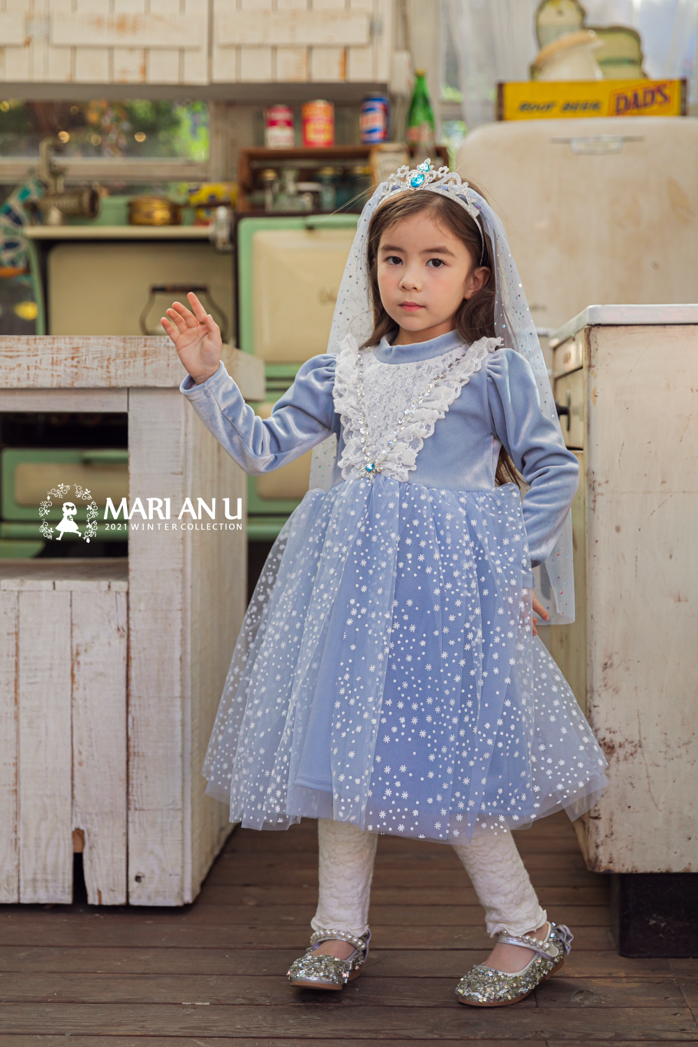 韓國 Mari an u - 雪的女王網紗洋裝-藍