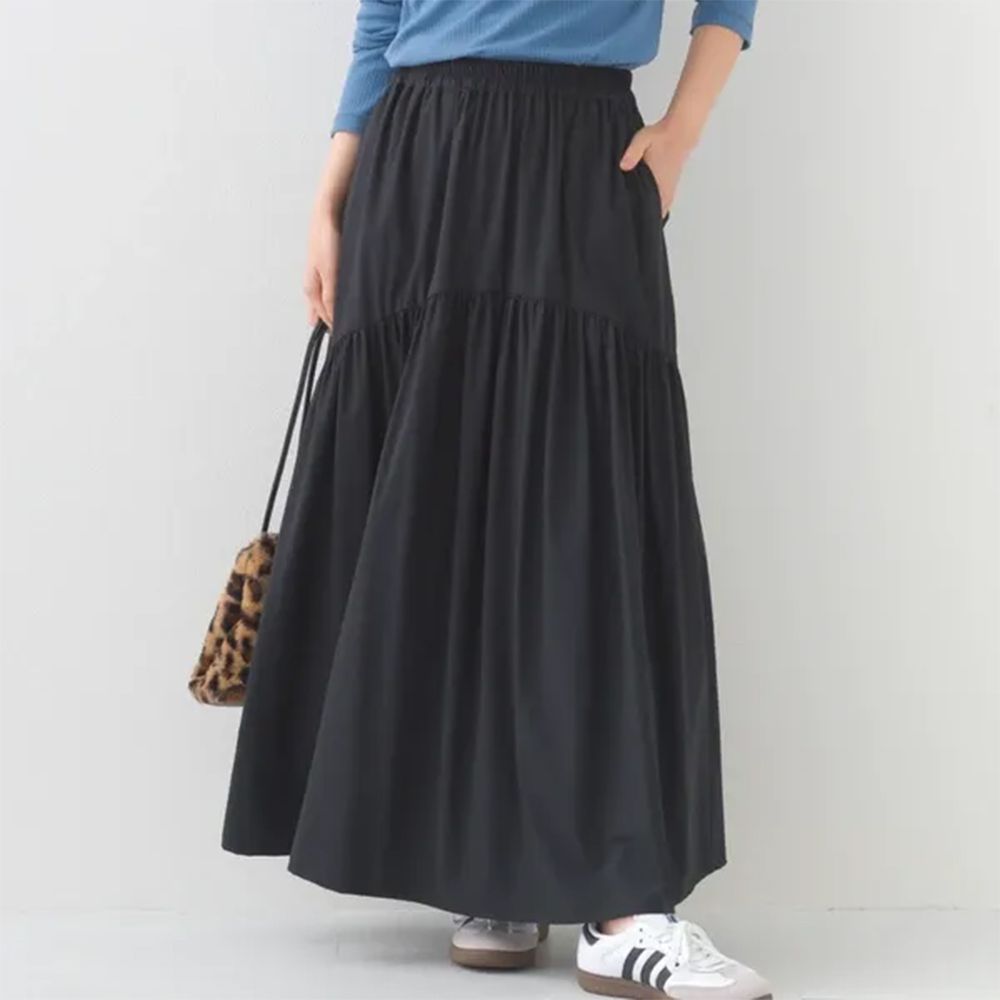輕量機能工裝風尼龍圓弧長裙-黑