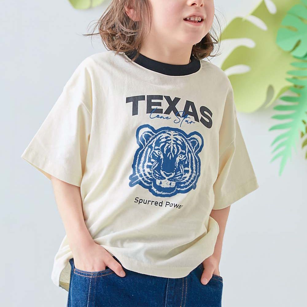 純棉動物線條印花短袖上衣-老虎-米白