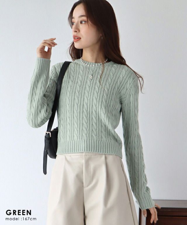 日本 BLUE EAST - 經典圓領麻花編針織上衣-灰綠