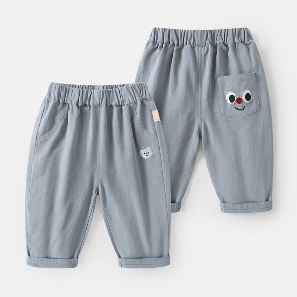 純棉腰鬆緊休閒長褲-後童趣繡花口袋-藍灰色