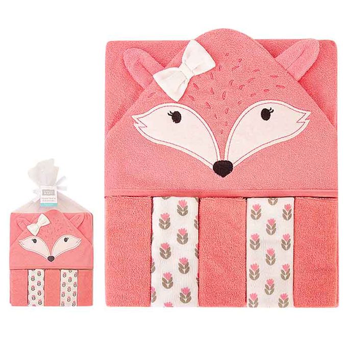 美國 Luvable Friends - 甜蜜寶貝嬰幼兒可愛動物連帽浴巾+小方巾/洗澡巾(共6入，送禮自用皆可)_76x76cm-萌萌狐狸