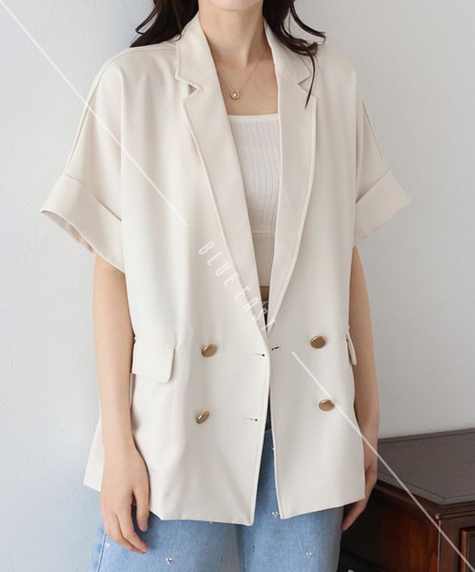 日本 BLUE EAST - 亞麻感氣質金釦短袖西裝外套-象牙白