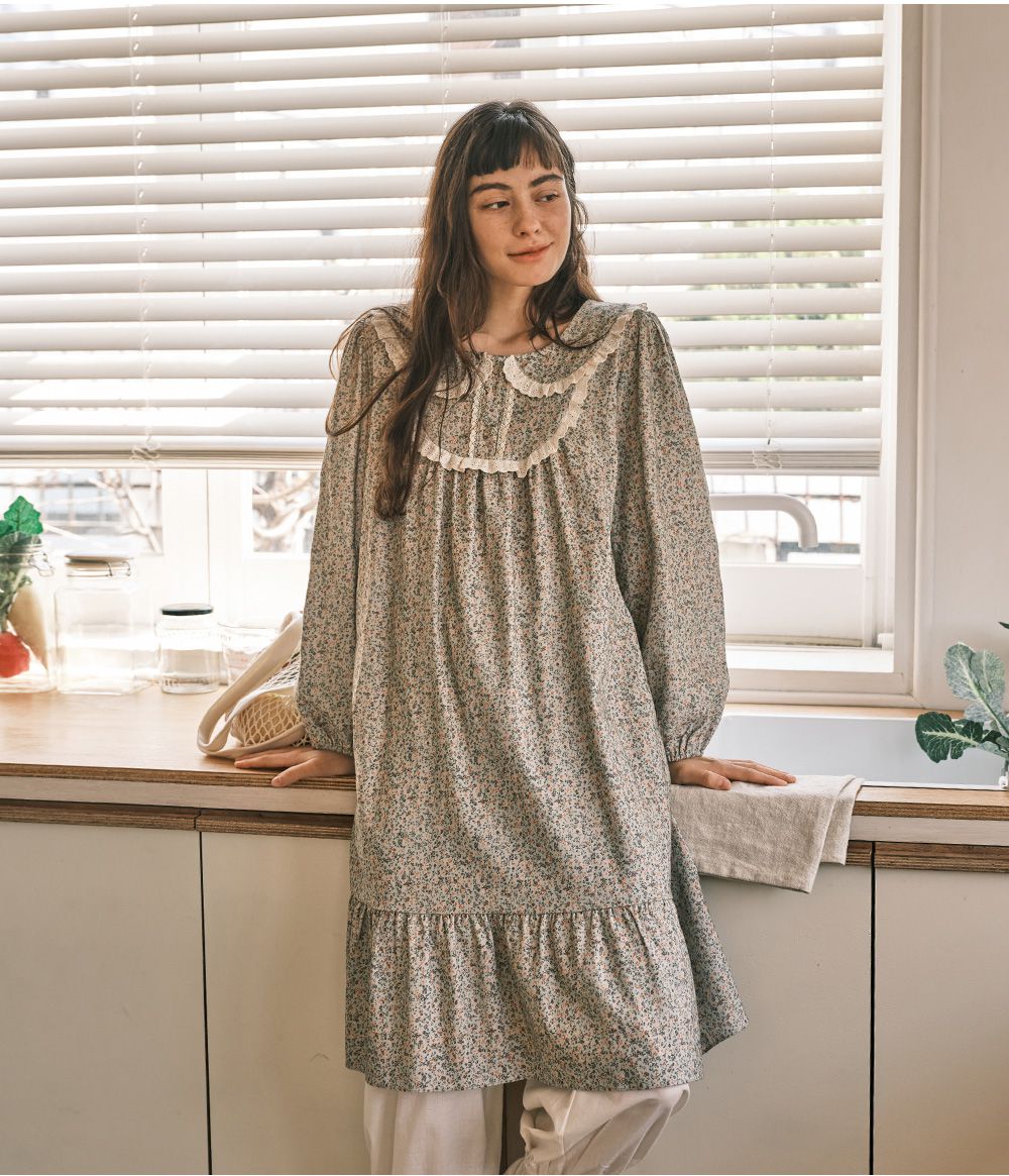 韓國 ULLALA - 浪漫碎花純棉長袖睡衣-(洋裝式)-薄荷綠 (FREE)