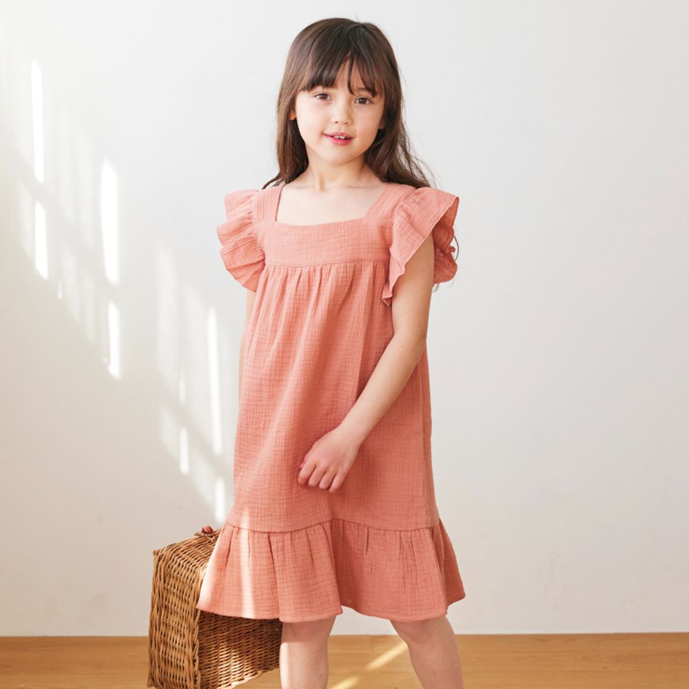 日本 evercloset - 小清新純棉柔軟荷葉袖洋裝-藍紫