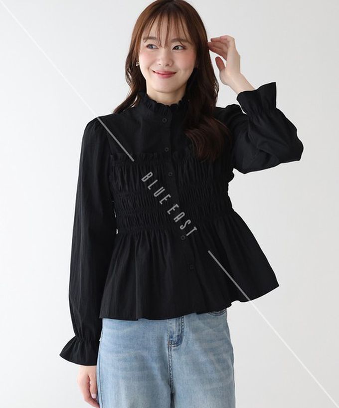 日本 BLUE EAST - 小立領荷葉皺摺束腰長袖襯衫-水藍