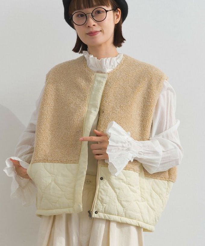 日本 Lupilien - 文青風異素材毛絨拼接保暖背心-炭灰