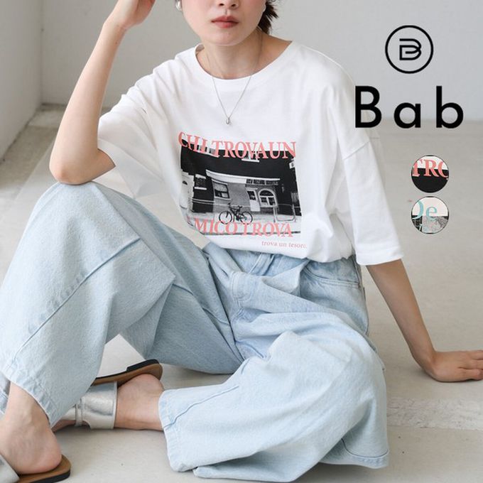 日本 Bab - 100%棉 極簡照片印花五分袖上衣-白底粉紅字 (M)