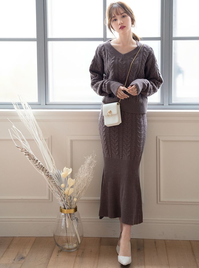 日本 GRL - 麻花編織針織毛衣+魚尾長裙套裝-時尚黑