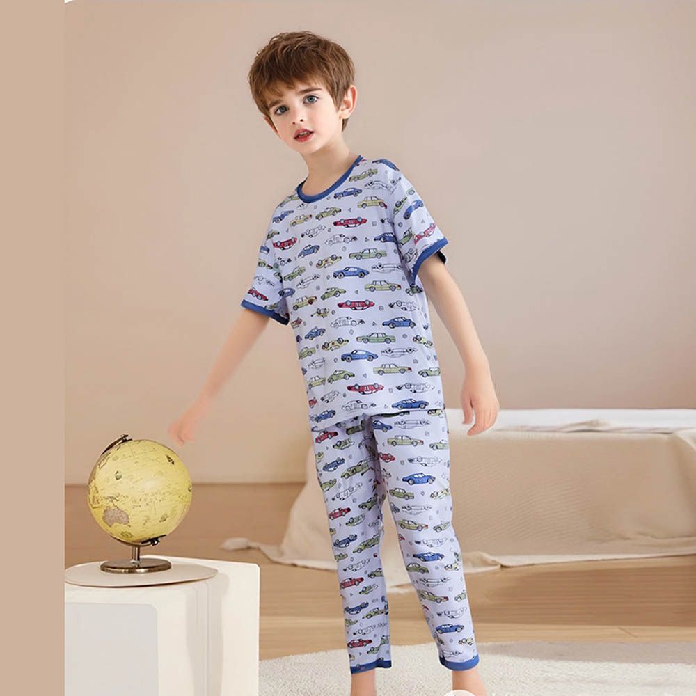 莫代爾短袖套裝/家居服-汽車-藍色