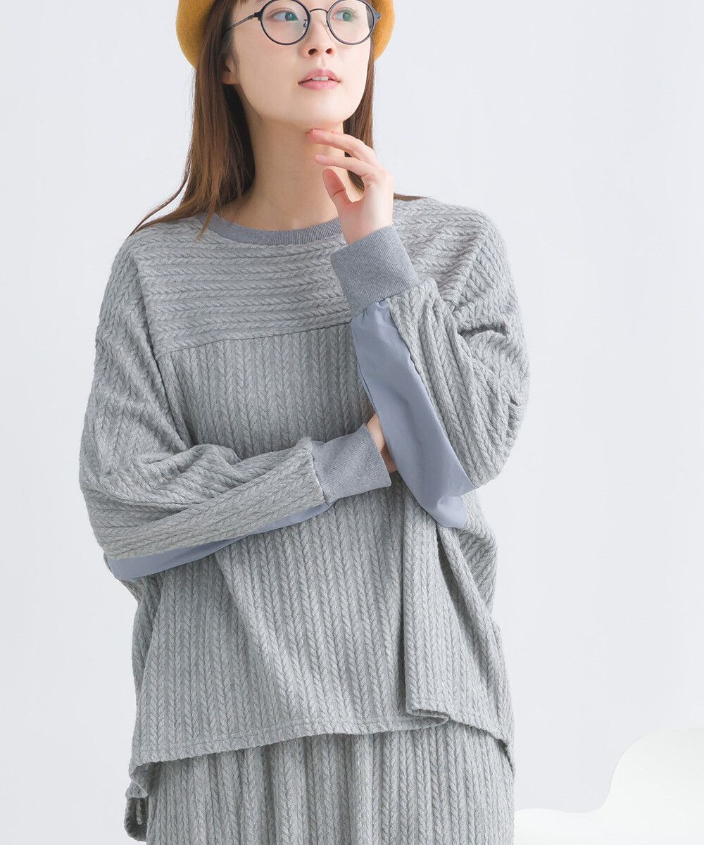 日本女裝代購 - 拼接撞色寬袖麻花針織上衣-灰