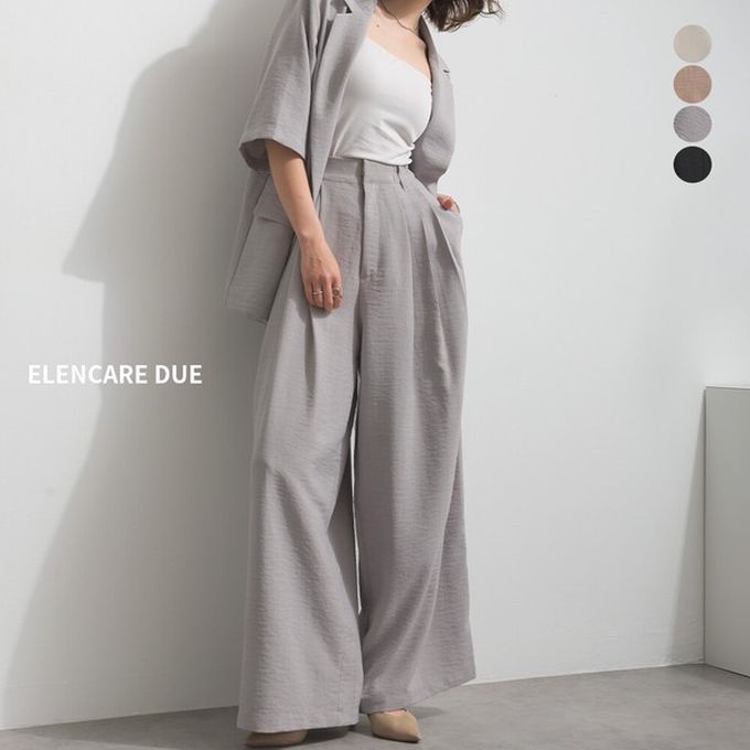 日本 ELENCARE DUE - 亞麻質感立體修身摺線寬褲-灰