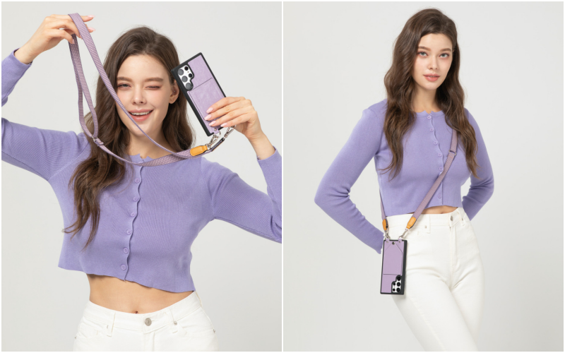 韓國 ARDERE - 卡夾式手工牛皮時尚手機殼(附背繩)-薰衣紫