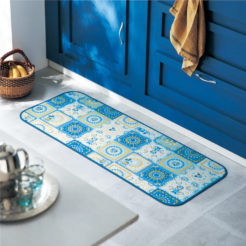 日本千趣會 - 迪士尼 日本製 防水加工長型腳踏墊(廚房/臥室)-米奇米妮磁磚-藍