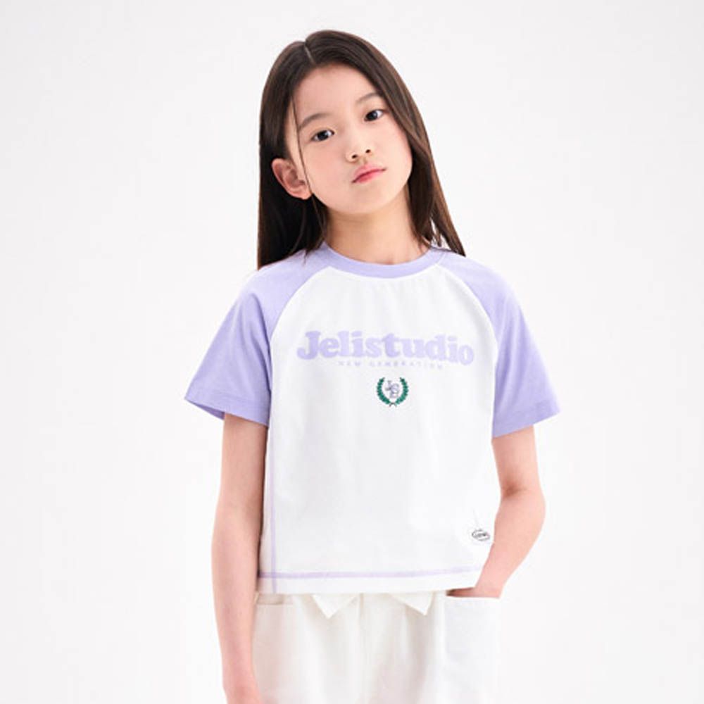 品牌標誌拼色短袖上衣-白X紫